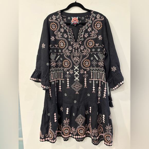Johnny Was Large Faye Kimono Flounce Sleeve Black Embroidered Pullover Dress. - Picture 5 of 8